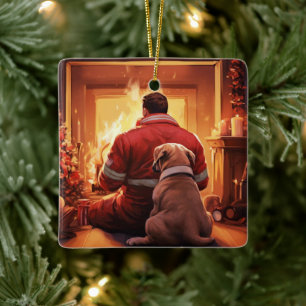 Boxer Gift, Pet Gift, Dog Fireman, Christmas Gift Ceramic Ornament