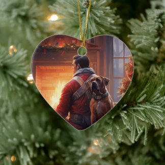 Boxer Gift, Pet Gift, Dog Fireman, Christmas Gift Ceramic Ornament