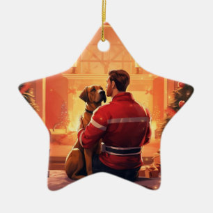 Boxer Gift, Pet Gift, Dog Fireman, Christmas Gift Ceramic Ornament