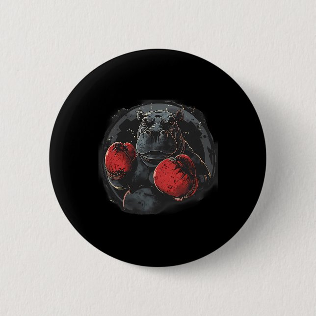 Boxer Hippo With Boxing Gloves Kickboxing Funny Bo Button (Front)