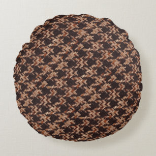 Boxer Houndstooth Woven Pattern In Brown & Orange Round Pillow