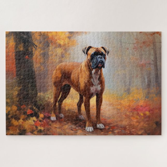 Boxer in Autumn Leaves Fall Inspire  Jigsaw Puzzle (Horizontal)