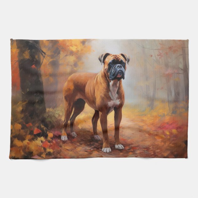 Boxer in Autumn Leaves Fall Inspire  Kitchen Towel (Horizontal)