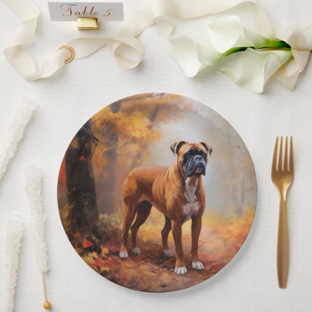 Boxer in Autumn Leaves Fall Inspire  Paper Plates (Wedding)