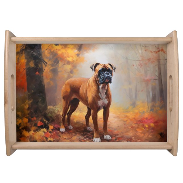 Boxer in Autumn Leaves Fall Inspire  Serving Tray (Front)