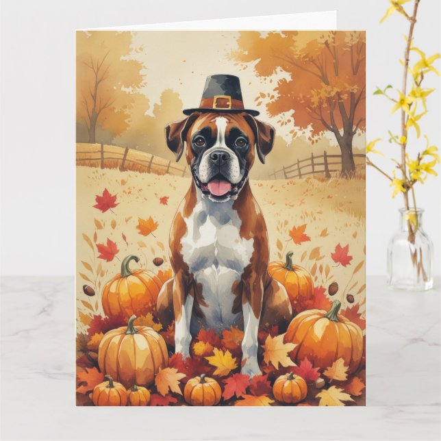 Boxer In Autumn Leaves Thanksgiving Art Card (Yellow Flower)