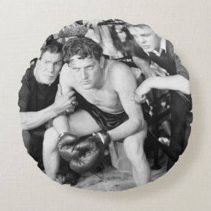 Boxer in corner with trainersboxing, vintage, retr round pillow