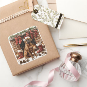 Boxer in Santa Hat by Fireplace Square Sticker