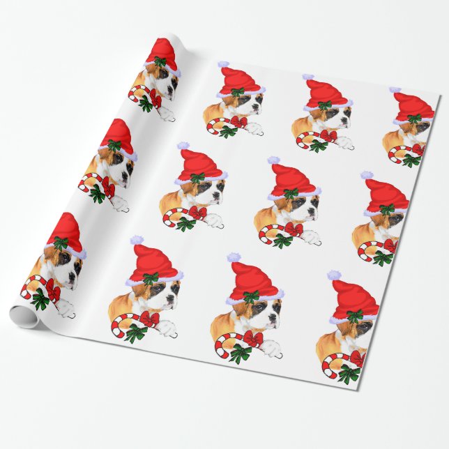 Boxer In Santa Hat Christmas Wrapping Paper (Unrolled)