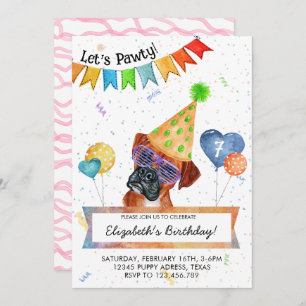 Boxer Lets Pawty Dog Birthday Party Invitation
