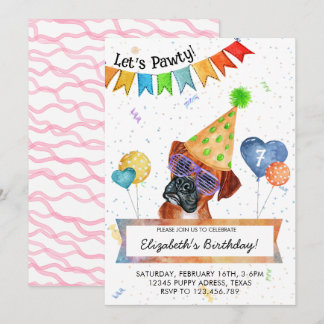 Boxer Lets Pawty Dog Birthday Party Invitation