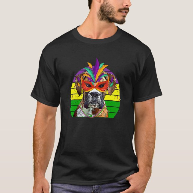 Boxer Mardi Gras Party Dog Mask Beads T-Shirt (Front)