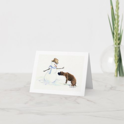 Boxer Meets Snowman Dog Art Notecard