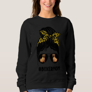 Boxer Mom Messy Bun Hair Leopard Print Glasses Dog Sweatshirt