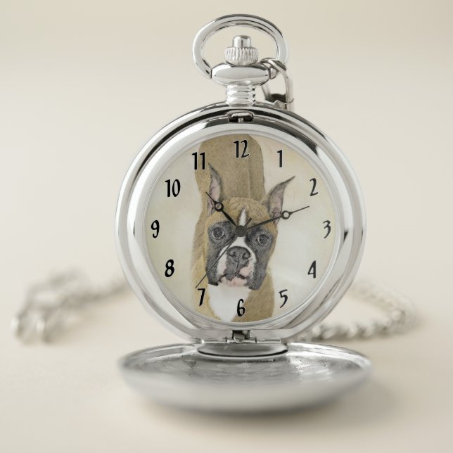 Boxer Painting - Cute Original Dog Art Pocket Watch (Inside)