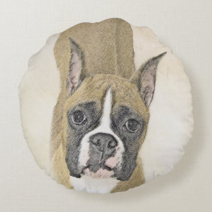 Boxer Painting - Cute Original Dog Art Round Pillow