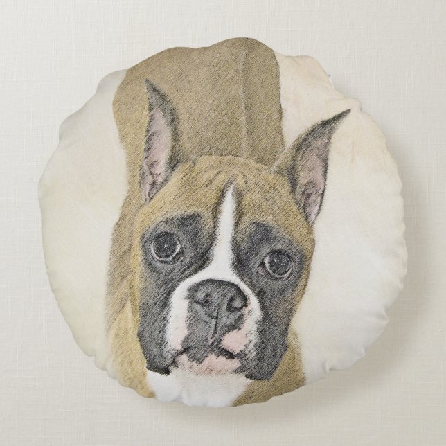 Boxer Painting - Cute Original Dog Art Round Pillow (Back)