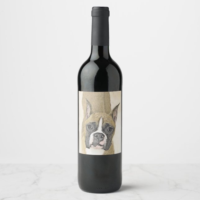 Boxer Painting - Cute Original Dog Art Wine Label (Front)