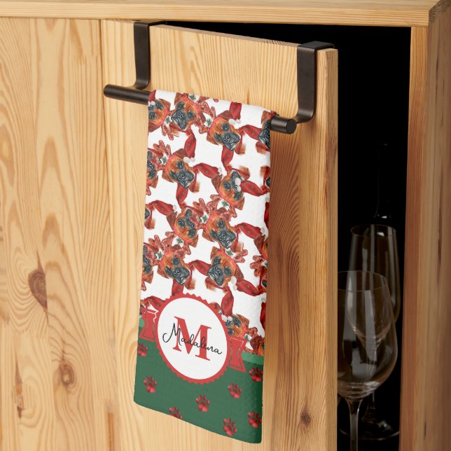 Boxer Pattern Monogram Christmas Dog Kitchen Towel (Thirds Fold)