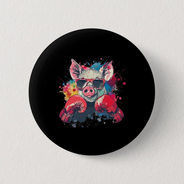 Boxer Pig With Boxing Gloves Kickboxing Funny Boxi Button (Front)