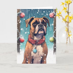 Boxer Playing with Christmas Baubles in the Snow Card