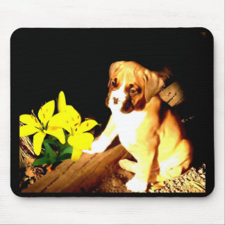 boxer pup and yellow daylilies mousepad