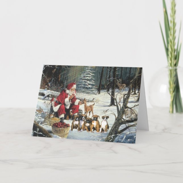 Boxer Puppies Christmas Santa Greeting Card (Front)