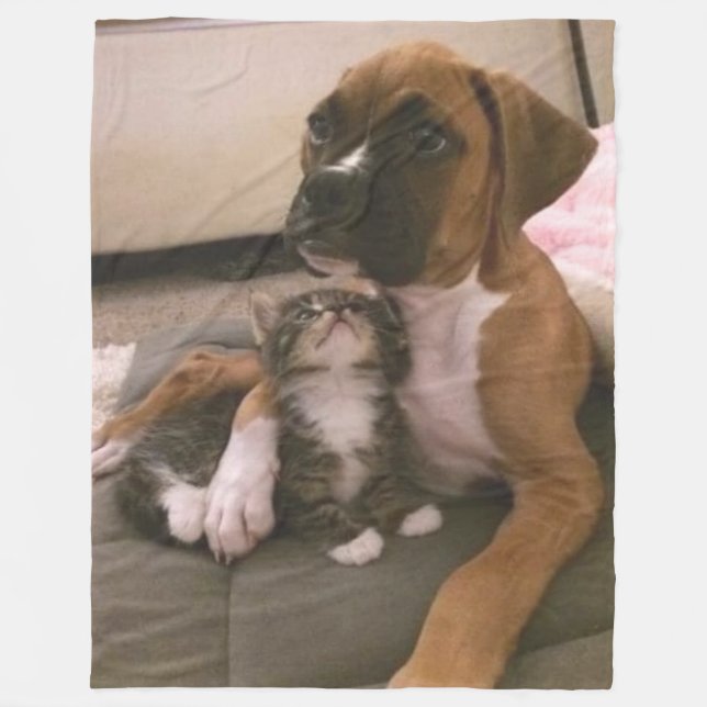 BOXER PUPPY and KITTEN Fleece Blanket (Front)