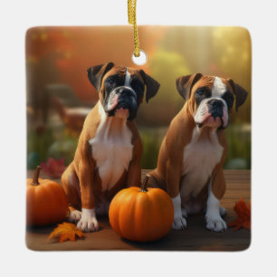 Boxer Puppy Autumn Delight Pumpkin Ceramic Ornament