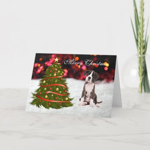 Boxer puppy dog snow tree custom Christmas Card