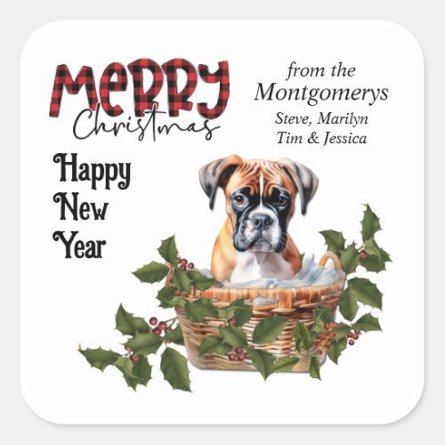 Boxer Puppy Holly Basket Christmas Square Sticker