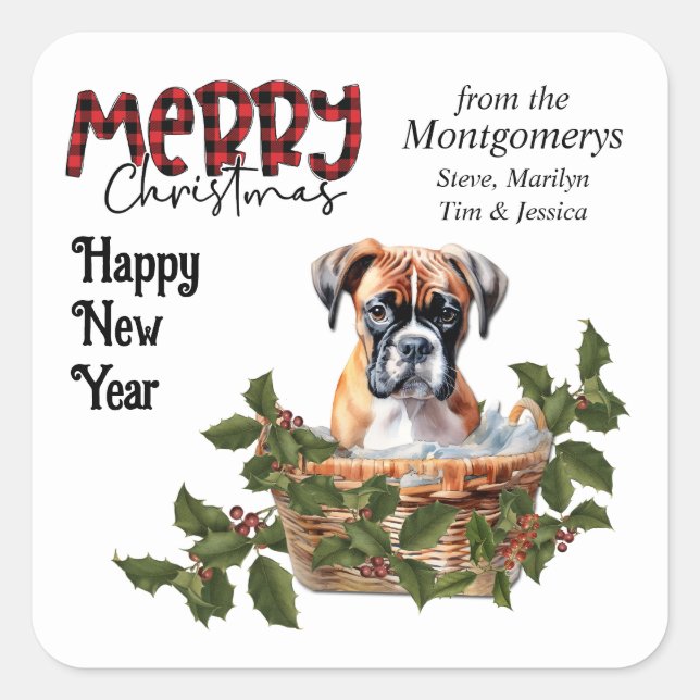 Boxer Puppy Holly Basket Christmas Square Sticker (Front)