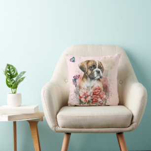 Boxer puppy in flowers throw pillow
