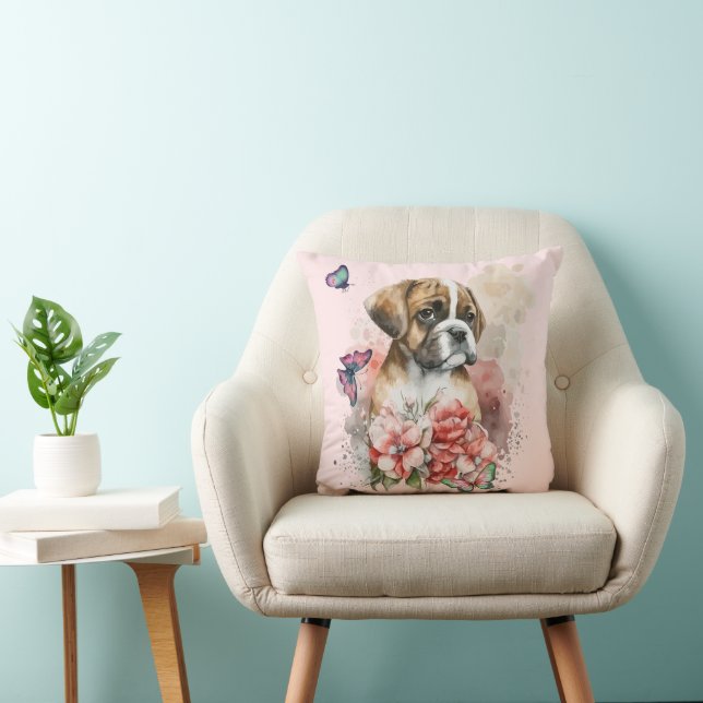 Boxer puppy in flowers throw pillow (Chair)