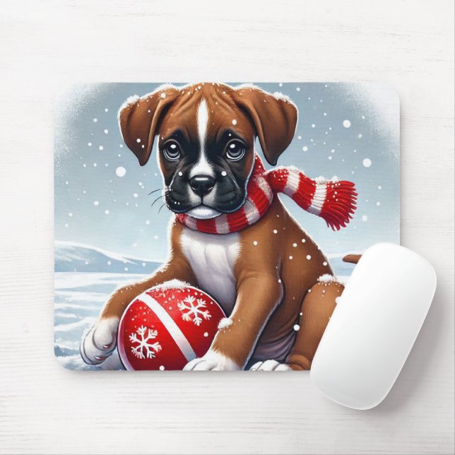 Boxer Puppy in Snowy Scenery Holding a Ball Mouse Pad (With Mouse)