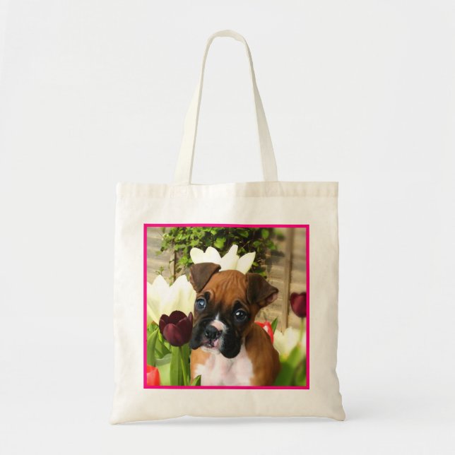 Boxer puppy in tulips tote bag (Front)