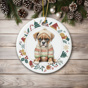 Boxer Puppy in Winter Sweater Christmas Ceramic Ornament