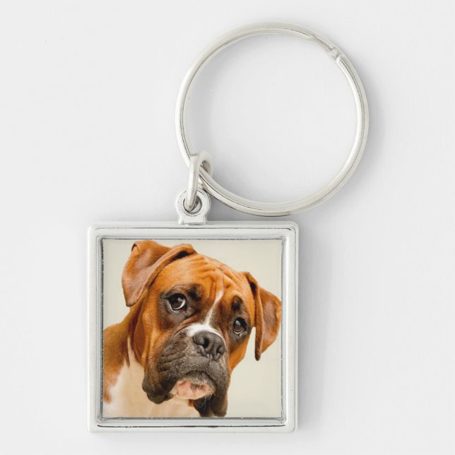 Boxer puppy on ivory cream backdrop. keychain (Front)