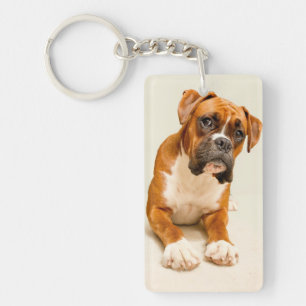 Boxer puppy on ivory cream backdrop. keychain