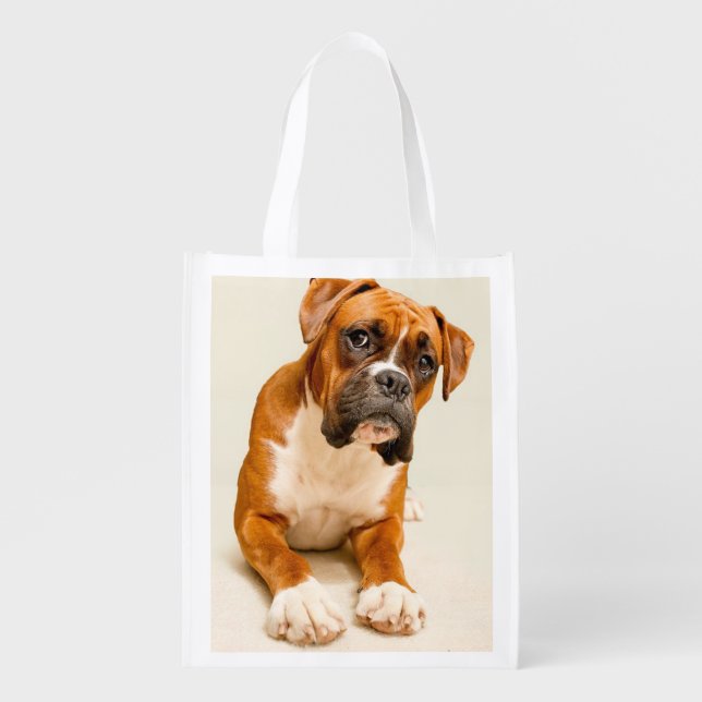 Boxer puppy on ivory cream backdrop. reusable grocery bag (Front)