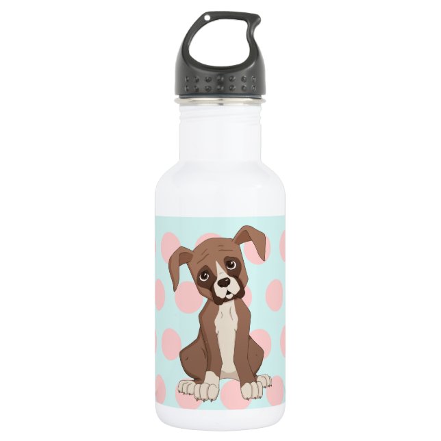 Boxer puppy on Pink Polka Dots Stainless Steel Water Bottle (Front)