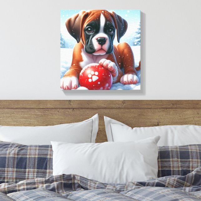Boxer Puppy Playing in Snow with a Red Toy Ball Canvas Print (Insitu(Bedroom))