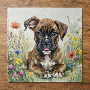 Boxer Puppy with Watercolor Flowers Jigsaw Puzzle