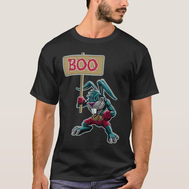 Boxer  Rabbit with Sign Boo Halloween Statement T-Shirt (Front)