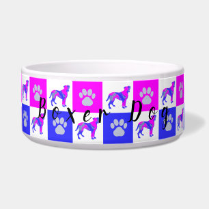 Boxer Silhouette Dog & Paw Hot Pink and Blue Bowl
