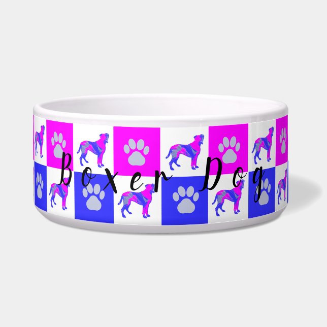 Boxer Silhouette Dog & Paw Hot Pink and Blue Bowl (Front)