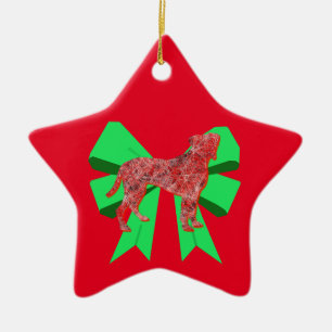 Boxer Silhouette Red Dog & Green Bow Christmas Ceramic Ornament
