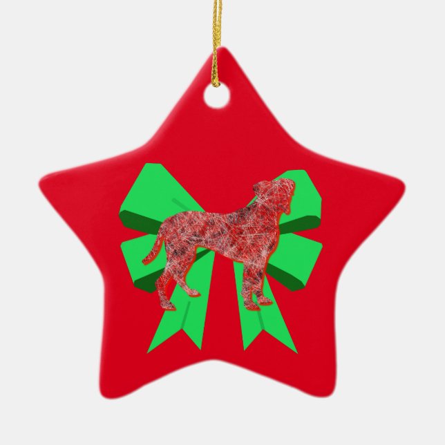 Boxer Silhouette Red Dog & Green Bow Christmas Ceramic Ornament (Front)