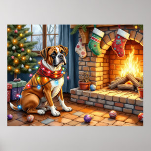 Boxer Sitting by Fireplace with Christmas Lights Poster