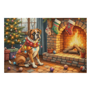 Boxer Sitting by Fireplace with Christmas Lights Wood Wall Art